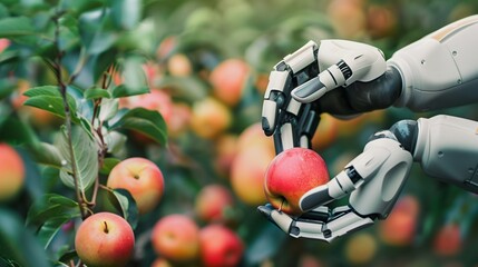 An advanced robotic arm equipped with sensors and AI technology selectively picking ripe fruit from a tree in an orchard, showcasing precision and efficiency in modern smart agriculture practices.