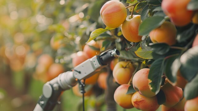 An advanced robotic arm equipped with sensors and AI technology selectively picking ripe fruit from a tree in an orchard, showcasing precision and efficiency in modern smart agriculture practices.