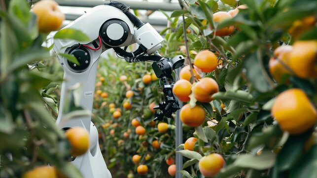 An advanced robotic arm equipped with sensors and AI technology selectively picking ripe fruit from a tree in an orchard, showcasing precision and efficiency in modern smart agriculture practices.