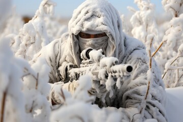 A highly skilled sniper, camouflaged in winter attire, steadies a sniper rifle equipped with a precision scope, as they take aim in a serene, snow covered terrain.