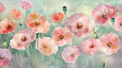 Abstract poppies in watercolor, pink shades with amber, on sage backdrop.