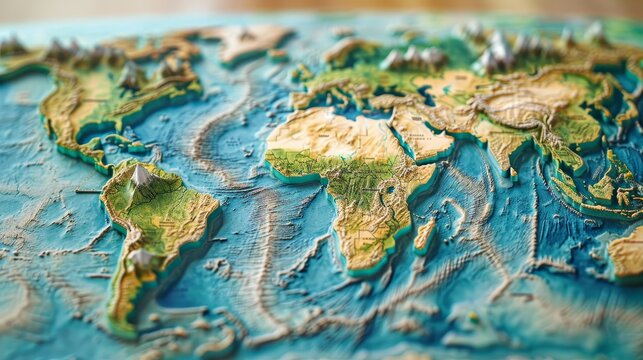 World Map: A photo of a 3D world map model, with raised features indicating mountains and valleys
