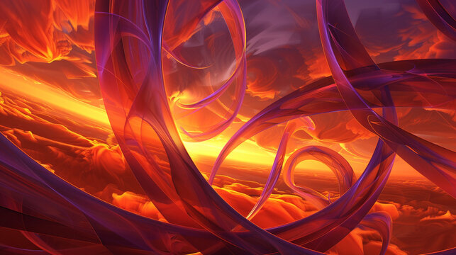 Orange and purple fractals in 3D paint an abstract of flowing twilight.