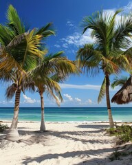 This stunning image captures a serene tropical beach with vibrant blue skies, crystal clear waters, and a beautiful palm tree leaning over the sandy shore