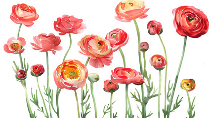 Fototapeta premium Collection of ranunculus flowers watercolor cutout png isolated on white or transparent background 