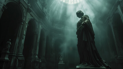 The dim moonlight from above illuminated the cursed woman statue within the abandoned museum - obrazy, fototapety, plakaty