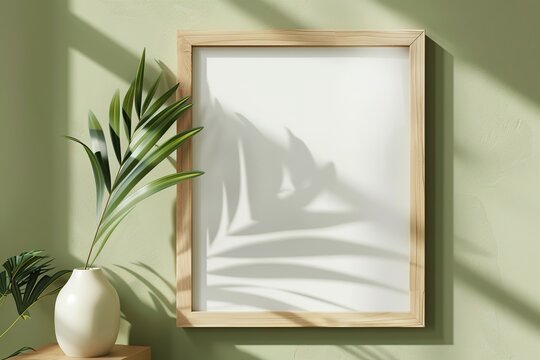 Wooden picture frame with plant shadows on a textured wall. Ratio frame 4x5.