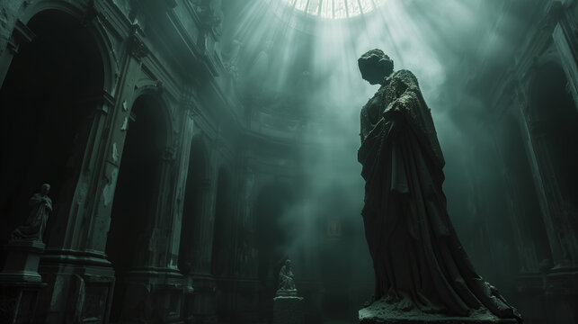 The dim moonlight from above illuminated the cursed woman statue within the abandoned museum