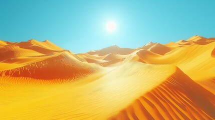   A desert landscape features sand dunes and a brilliant sun overhead, against a backdrop of a bright blue sky
