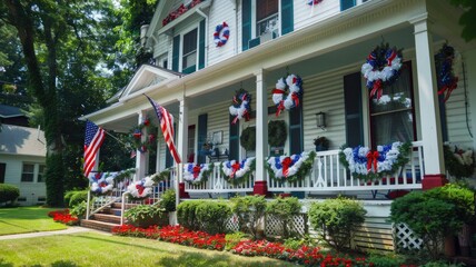 house adorned with red, white, and blue streamers wrapped around the columns of the front porch, wreaths made of stars and stripes on the doors