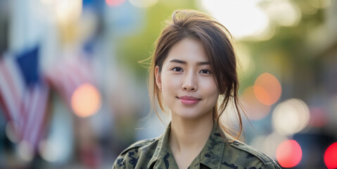 Beautiful Asian AMerican young woman in military uniform standing on the street in American city. Female in military service. 