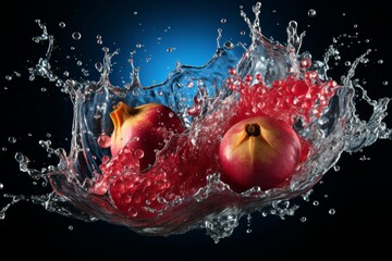 Pomegranate explosion with berries and juice on blue background, vibrant and dynamic fruit concept.
