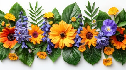   A tight shot of an assortment of blooms against a white background, displaying leaves and petals centrally framed