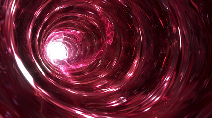 Raspberry red metallic textures in 3D, converging into power in a burgundy void.