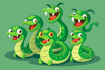 Playful cartoon depiction of A green snake, exuding humor and charm with its