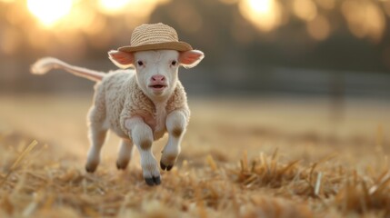   A baby lamb in a straw hat trots through a golden field as the sun sets