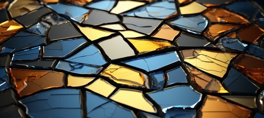 high-tech background with geometric glazed metalic figures of various shapes with blue, white, gold...