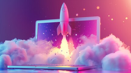 Fototapeta premium The image illustrates a rocket launching directly out of a laptop screen, surrounded by clouds and a dynamic burst of light