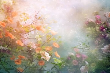 Fototapeta na wymiar Ethereal spring background. Softly blurred, creating a dreamlike ambiance. This image offers a visual retreat and evokes a sense of freshness, and growth.