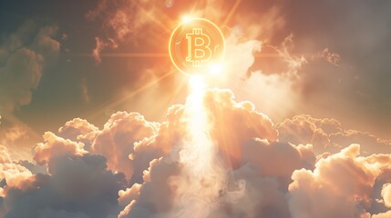 A golden bitcoin symbol flies through a stormy sky. - obrazy, fototapety, plakaty