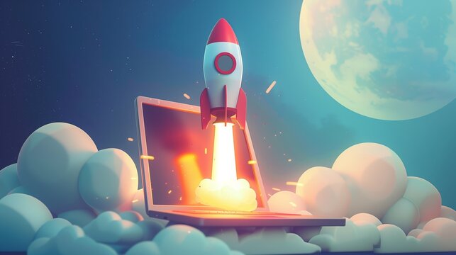 A cartoon rocket ship launching from a laptop with a starry night sky and moon in the background.