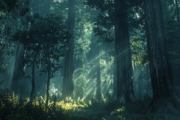 Sunlight filters through trees in dense temperate broadleaf forest - obrazy, fototapety, plakaty