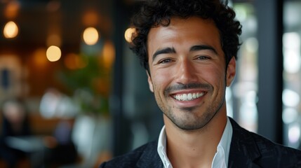 A young man with curly hair smiles at the camera.