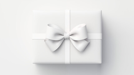 single white gift box with pink ribbon top view on white background
