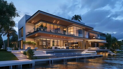 Fototapeta premium 3d rendering of modern house by the river at morning, house, luxury, villa, modern, architecture, building, exterior, residential, property, designer