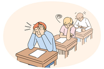 Anxious students sitting at desk in classroom writing test together. Worried pupils finish examination in classroom. Education and exam time. Vector illustration. - obrazy, fototapety, plakaty