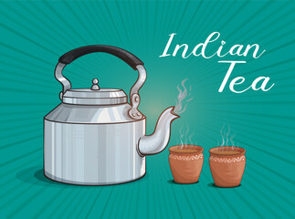 Vector illustration of tea kettle and  clay cups. Indian traditional tea cup and kettle with hot tea hand drawing Vector.