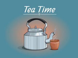 Vector illustration of tea kettle and  clay cups. Indian traditional tea cup and kettle with hot tea Vector. Hand drawing tea time Vector illustration