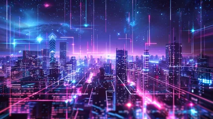 Rolgordijnen cityscape with space and neon light effect. Modern hi-tech, science, futuristic technology concept. Abstract digital high tech city design for banner background © pinkrabbit
