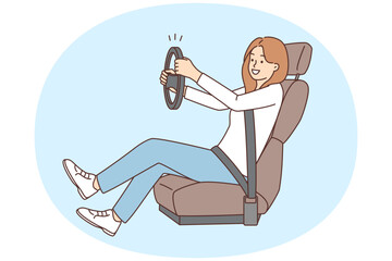 Smiling woman with steering wheel learn driving