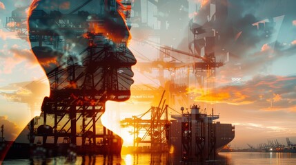 Double exposure photography of engineer man and the business Logistics and transportation of Container Cargo ship and Cargo plane with working crane bridge