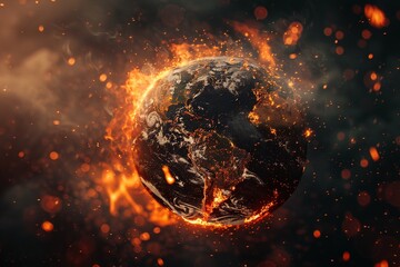 A photorealistic image of the globe with continents wrapped in flames and ashes, depicting a dire warning about the future of our warming planet, with emphasis on fiery textures and embers - obrazy, fototapety, plakaty