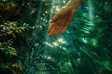 A poetic visualization of a hand touching smooth, green river waters, with sunbeams piercing through the tranquil environment, highlighting ecological sustainability