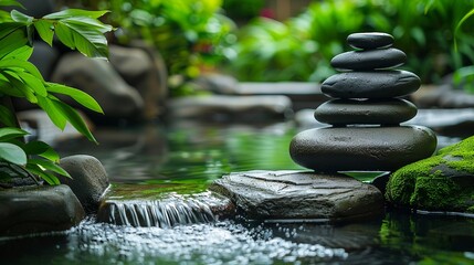 A serene garden with flowing water, lush greenery, and stacked Zen stones, symbolizing tranquility and harmony