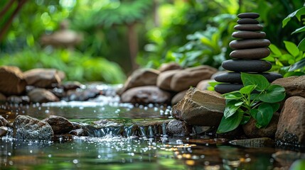 A serene garden with flowing water, lush greenery, and stacked Zen stones, symbolizing tranquility and harmony