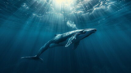 A serene scene of a whale swimming upwards, light rays from the sun creating a mosaic of light and shadow around it
