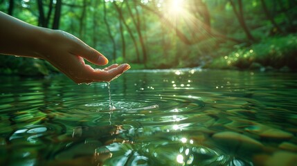 A serene image of a hand interacting with clear green river water, reflecting the suns rays, set against a backdrop of dense forest, a metaphor for nature conservation