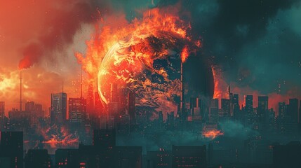 A dramatic illustration of a globe engulfed in flames, skyscrapers and industrial chimneys emitting smoke in the background - obrazy, fototapety, plakaty