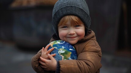 A gentle and caring child hugging planet Earth, a symbolic representation of love and protection