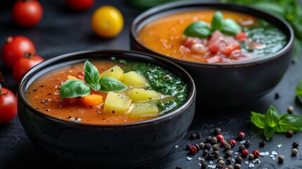   A close-up of two bowls of soup on a table, filled with tomatoes, basil, sliced tomatoes, and peppercorns - obrazy, fototapety, plakaty