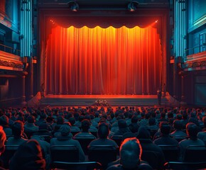 Theater with red curtain and stage full of people - obrazy, fototapety, plakaty
