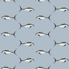 tuna fish seamless pattern on blue.
