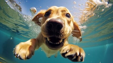 Funny underwater picture of puppies in swimming pool playing deep dive action training game with family pets and popular dog breeds during summer holidays. recreation, relax, generate by AI