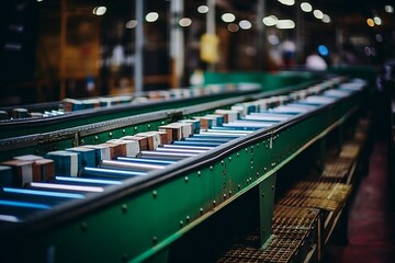 a waste processing plant s conveyor belt, showcasing a multitude of discarded materials being transported for sorting and processing - obrazy, fototapety, plakaty