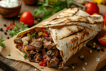 Large shawarma with meat and vegetables in Kraft paper on a wooden background-