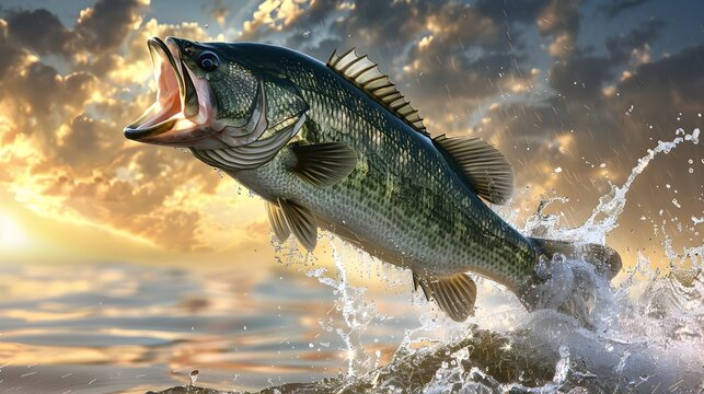 Majestic Largemouth Bass Leaping from Water Against Vibrant Sunset Sky